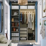 PAX / FYRUDDEN Wardrobe combination, grey-beige/blue, 150x60x236 cm