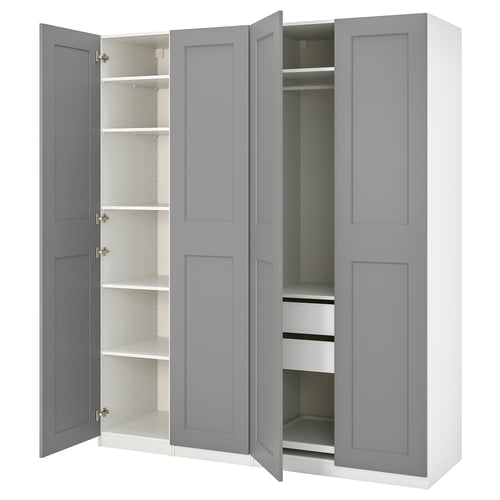 PAX wardrobe in grey and white, featuring three sections with shelves and drawers, open doors revealing interior organisation.