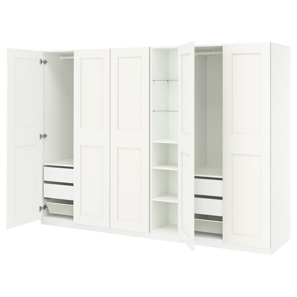 PAX / GRIMO Wardrobe combination, white white/white, 285x60x201 cm