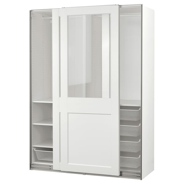 PAX / GRIMO Wardrobe with sliding doors, white/clear glass white, 150x66x201 cm