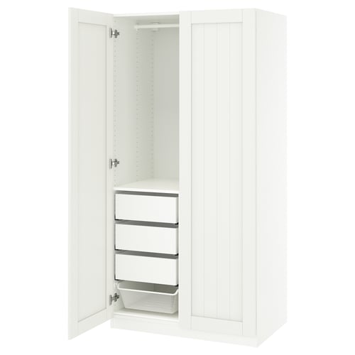 White ikea PAX wardrobe with open door, metal rail, and mesh basket.