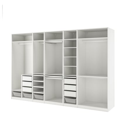 White PAX closet, enduring, sleek, organises efficiently, adjustable, includes shelves, drawers, and hanging space.