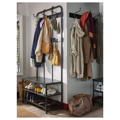 PINNIG Coat rack with shoe storage bench, black, 193x37x90 cm
