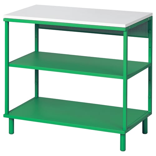 A green PLATSA shelving unit with three shelves and adjustable legs.