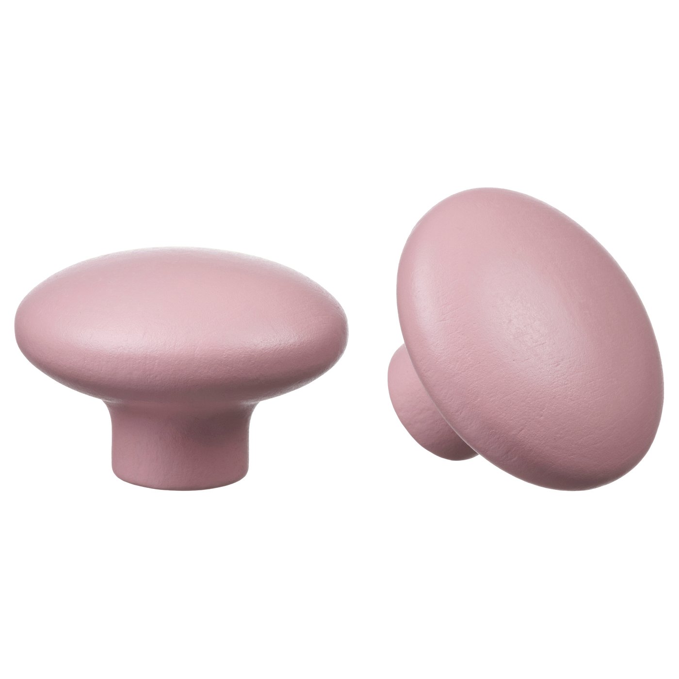 Two pink wooden knobs, round and smooth, for drawer handles.