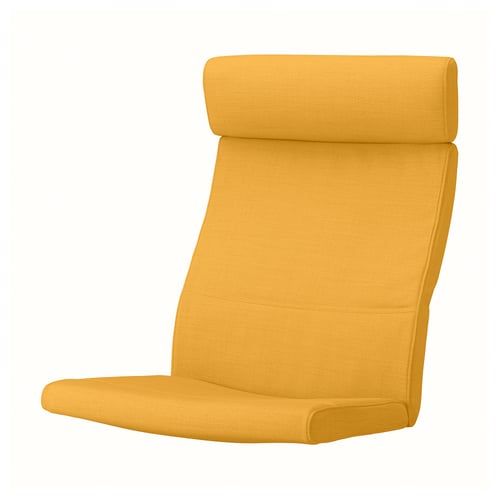 Bright yellow POÄNG chair cushion, rectangular with rolled edges, made from recycled polyester.