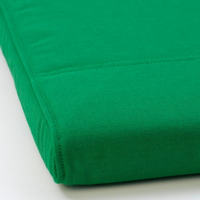 Bright green POÄNG footrest, smooth fabric, sturdy design, quality cushioned edge.