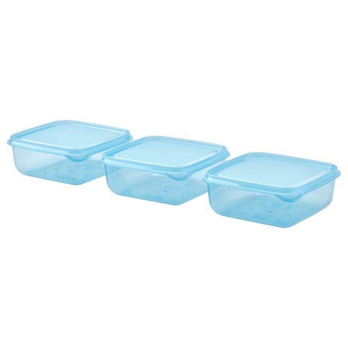 Three light blue rectangular plastic containers with lids, stacked in a row, suitable for food storage.