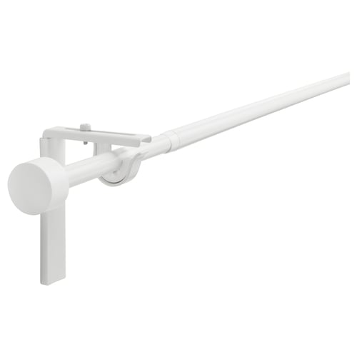 White RÄCKA curtain rod, adjustable, angled holder, metal & plastic, sleek design.