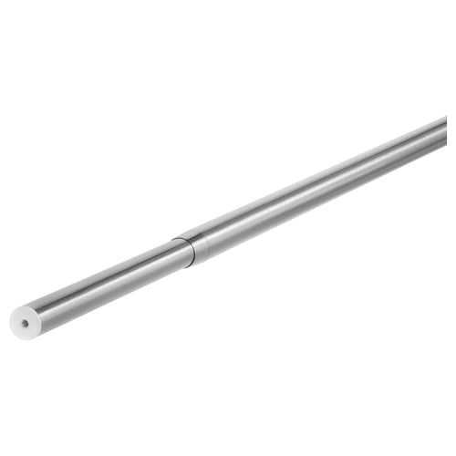 Silver adjustable curtain rod, metallic, cylindrical shape.