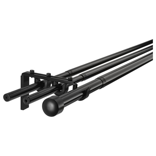 Black RÄCKA triple curtain rod set, modern design, steel and plastic, adjustable.