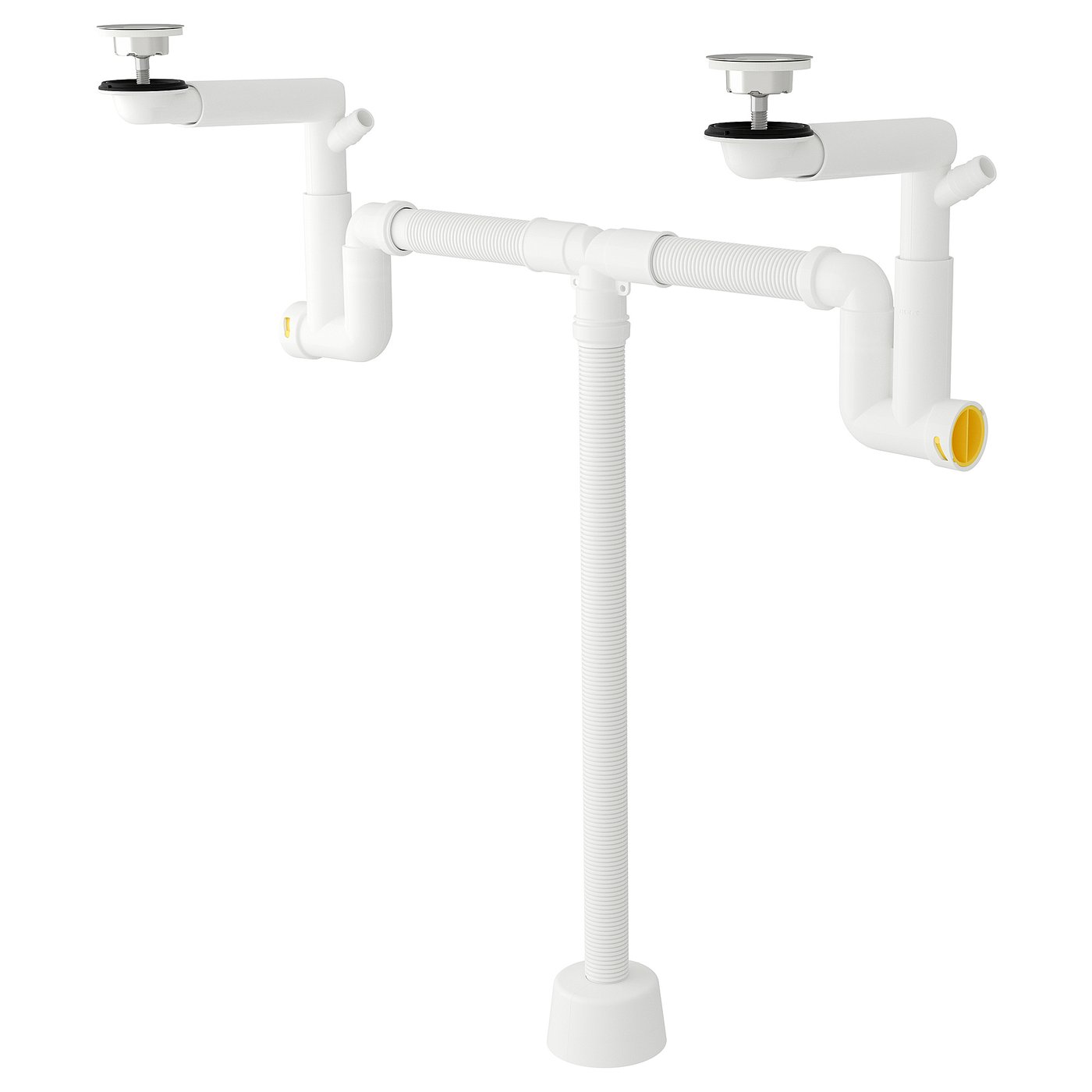 White RÄNNILEN plumbing trap kit with flexible pipes, metal strainers, and plastic components for under-sink installation.