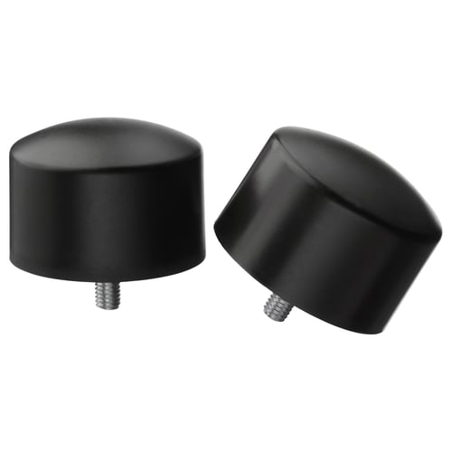 Black plastic curtain rod finials, round, smooth, two pieces, metallic screws.
