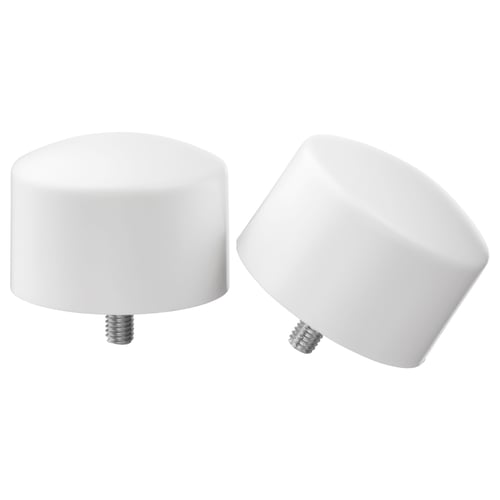 Two white, round RAFFIG curtain rod finials, plastic with metal screws.