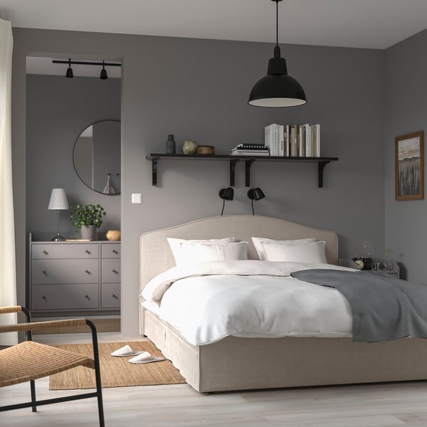 RAMNEFJÄLL Upholstered bed frame, Kilanda light beige, 160x200 cm