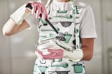 RINNIG Apron, white/green/patterned, 69x85 cm