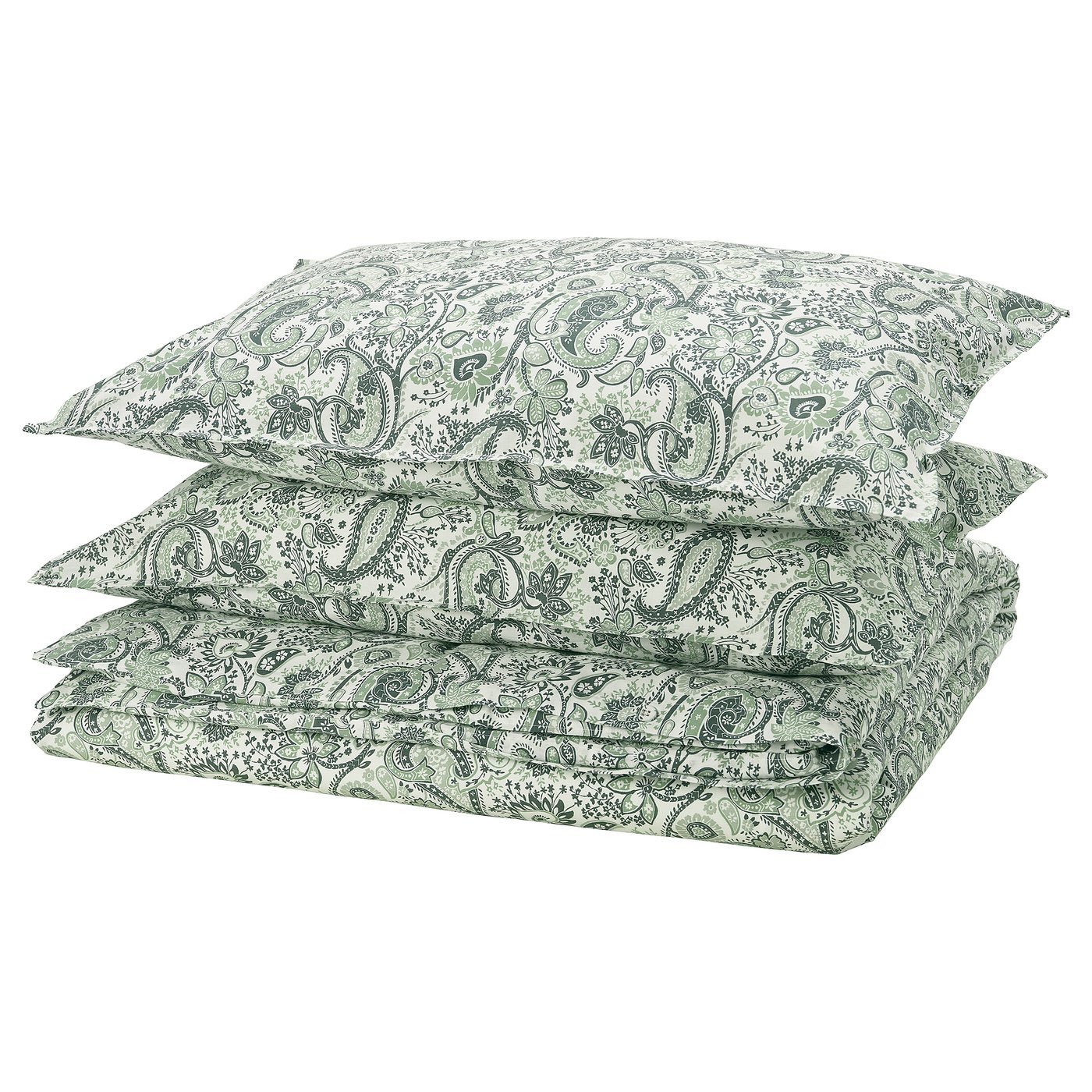 Three green paisley-patterned pillows with white backgrounds are neatly stacked.