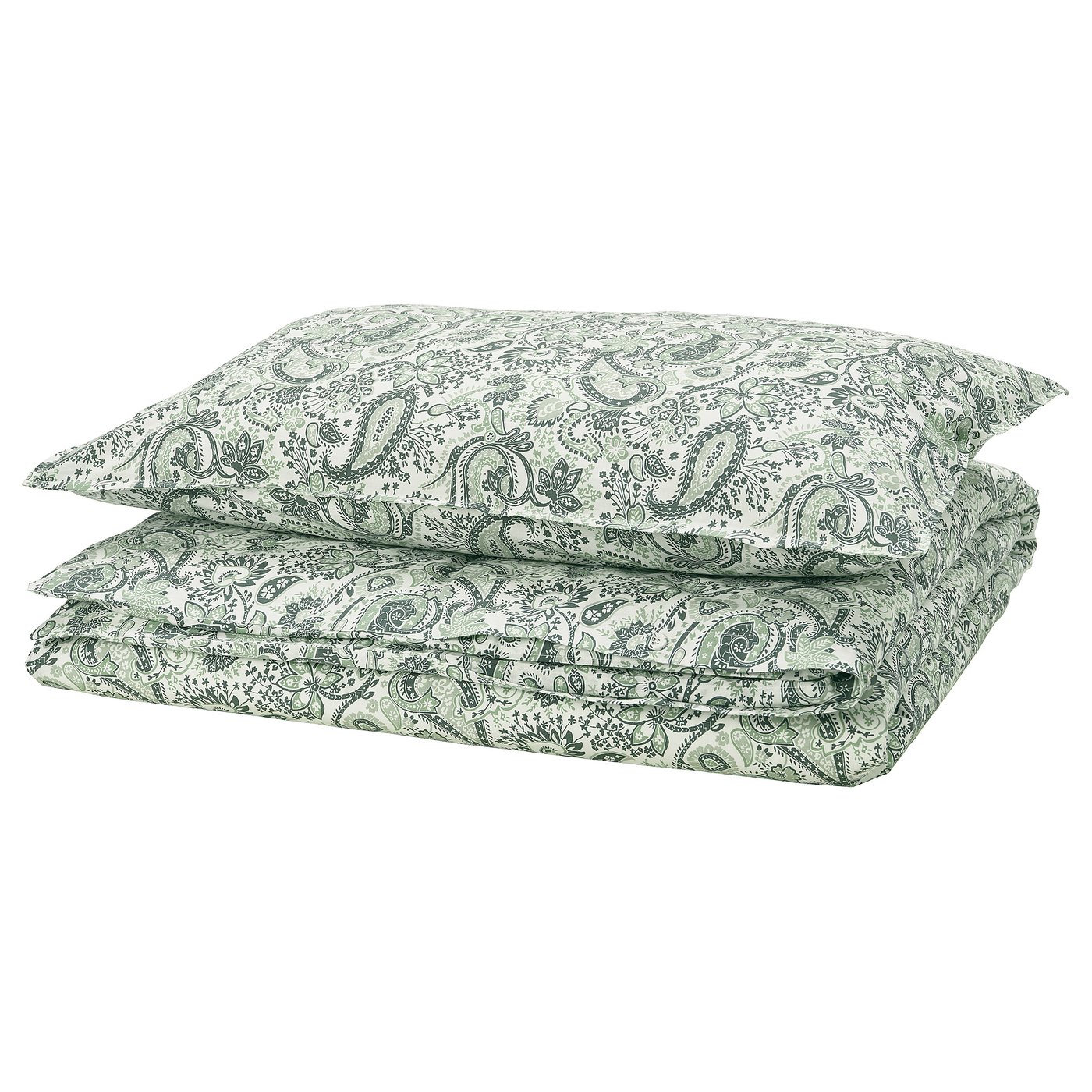 Green paisley duvet cover set, rectangular, white background.