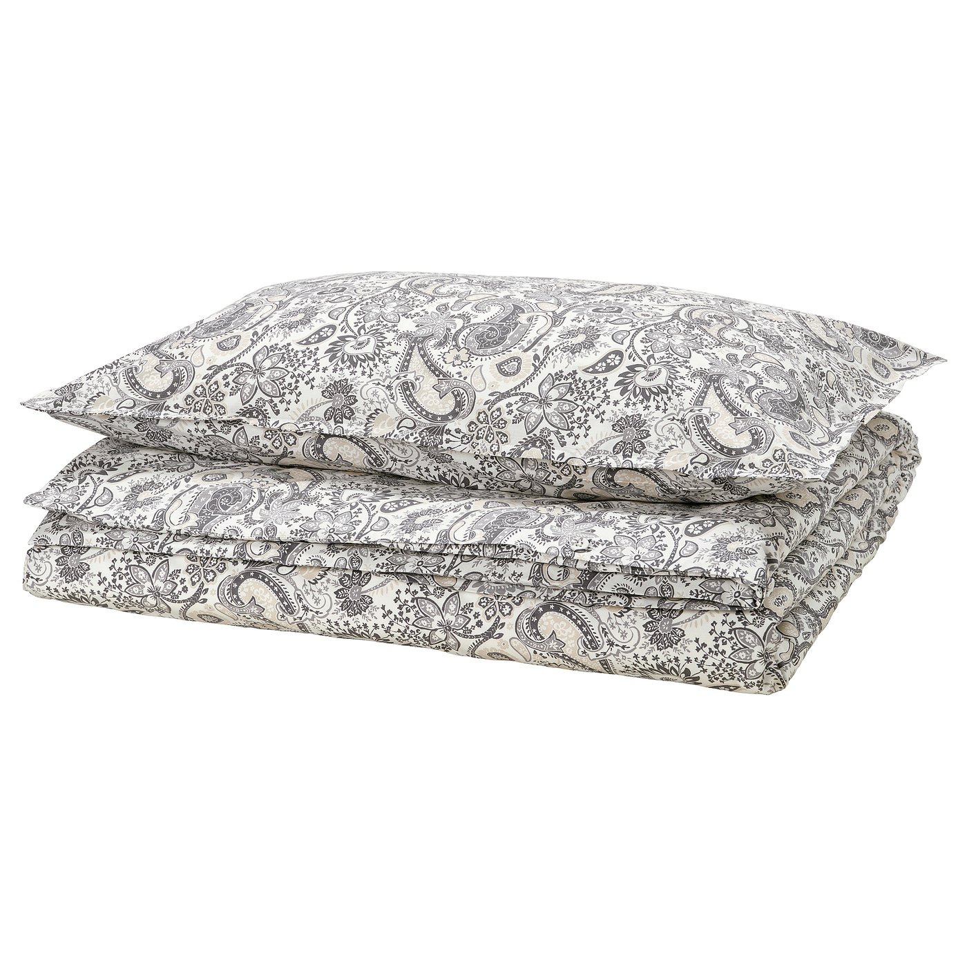 Paisley-patterned bedding set in neutral tones, featuring soft cotton blend, neatly folded.