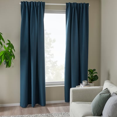 ROSENMANDEL Room darkening curtains, 1 pair, dark blue/with heading tape, 135x300 cm