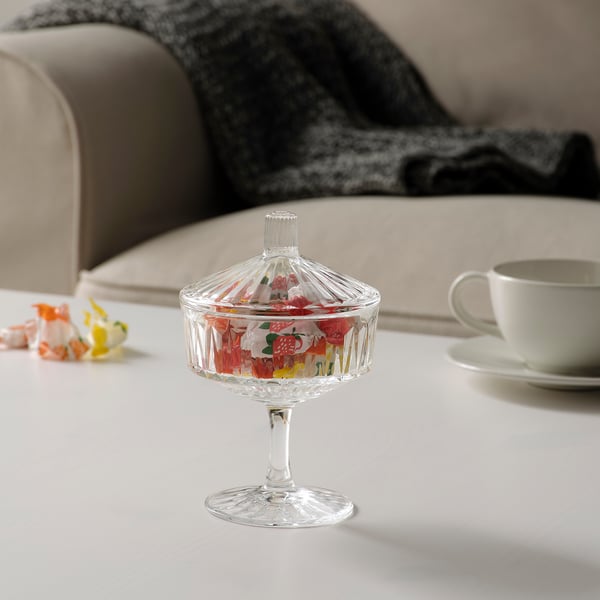 SÄLLSKAPLIG Bowl with lid, clear glass/patterned, 10 cm