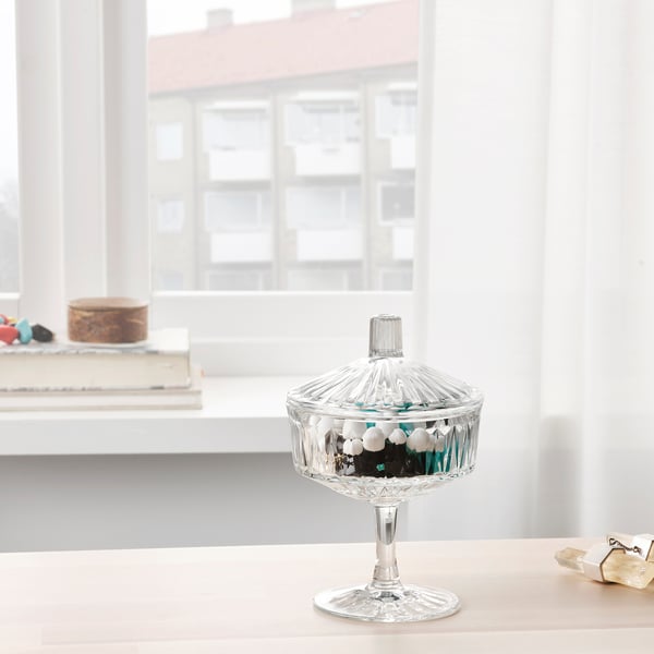 SÄLLSKAPLIG Bowl with lid, clear glass/patterned, 10 cm