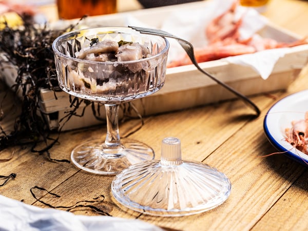 SÄLLSKAPLIG Bowl with lid, clear glass/patterned, 10 cm
