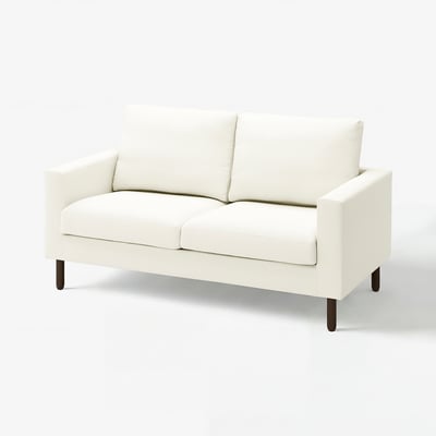 SALTSJÖBADEN white loveseat, modern minimalist design, soft cushions, wooden legs.