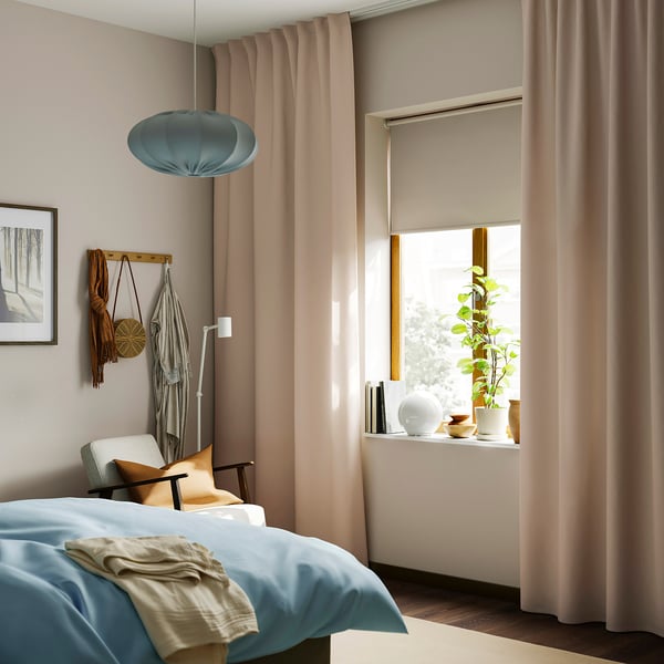 SANELA Curtains, 1 pair, light beige/with heading tape, 140x300 cm