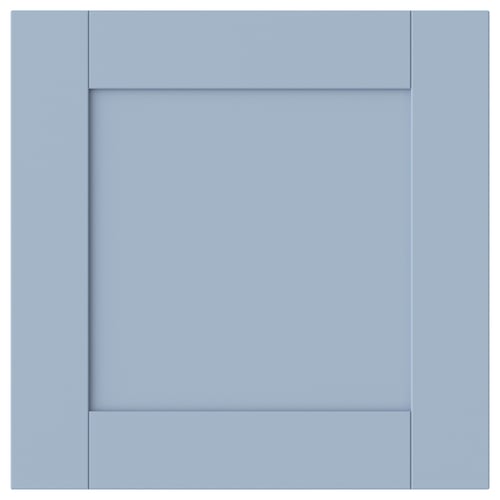 Blue cabinet door, simple square design. Made of particleboard and foil.