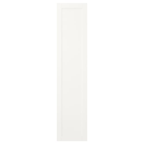 A SANNIDAL white door for platsa storage. Simple design, rectangular shape. Made from fibreboard and steel hinges.