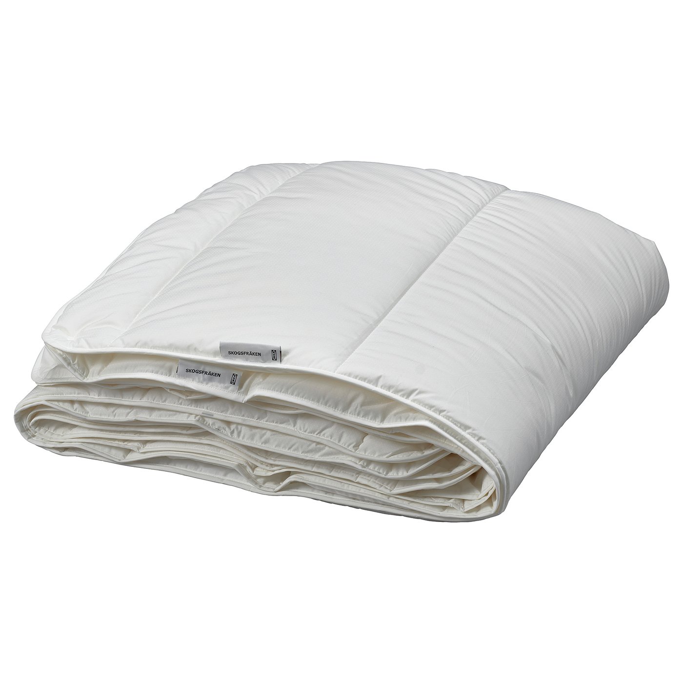 White folded duvet, SKOGSFRÄKEN 3-in-1, with zip and tag.