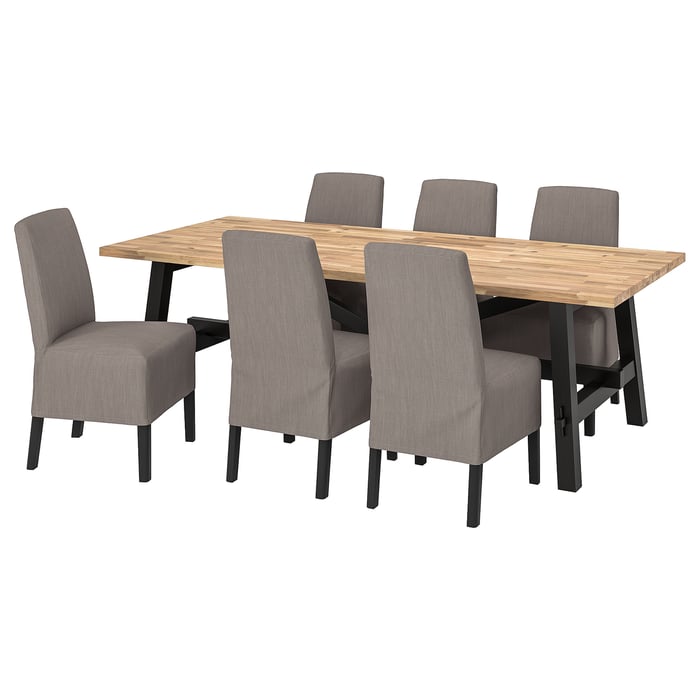 SKOGSTA / BERGMUND table and 6 chairs, acacia/Nolhaga grey/beige