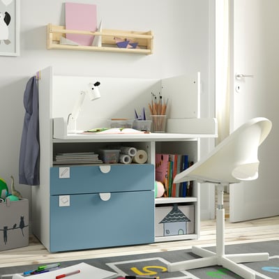 SMÅSTAD Desk, white blue/with 2 drawers, 90x79x100 cm