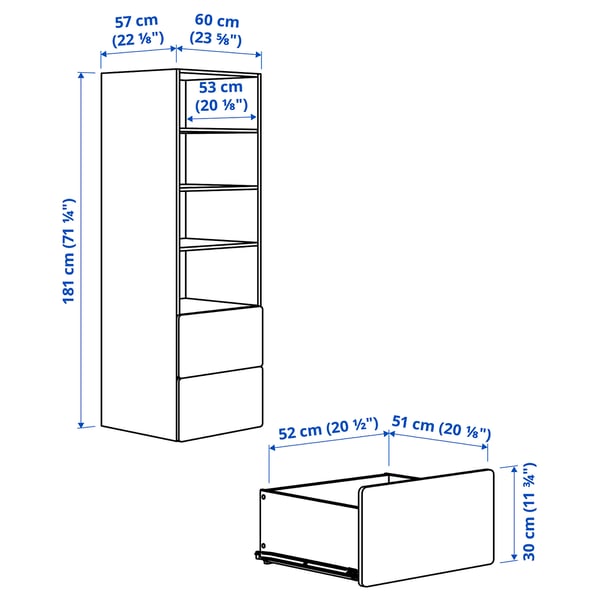 SMÅSTAD / PLATSA Bookcase, white with frame/with 2 drawers, 60x57x181 cm
