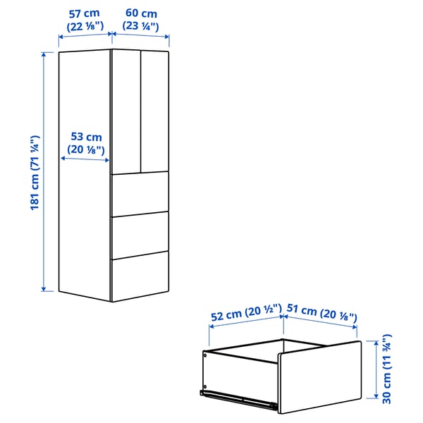SMÅSTAD / PLATSA Wardrobe, white with frame/with 3 drawers, 60x57x181 cm