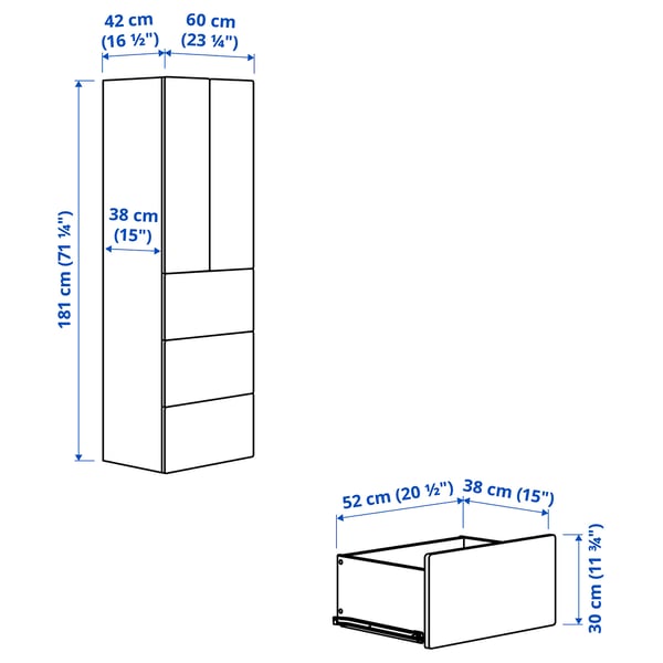 SMÅSTAD / PLATSA Wardrobe, white with frame/with 3 drawers, 60x42x181 cm