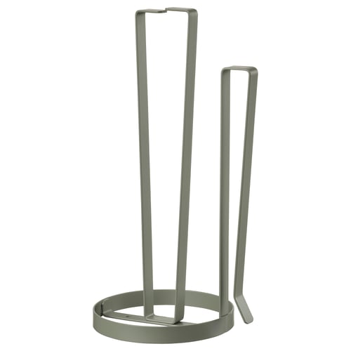 A green SMÅTUNGA paper towel holder made of steel with a modern design. It can be wall-mounted or used on surfaces.