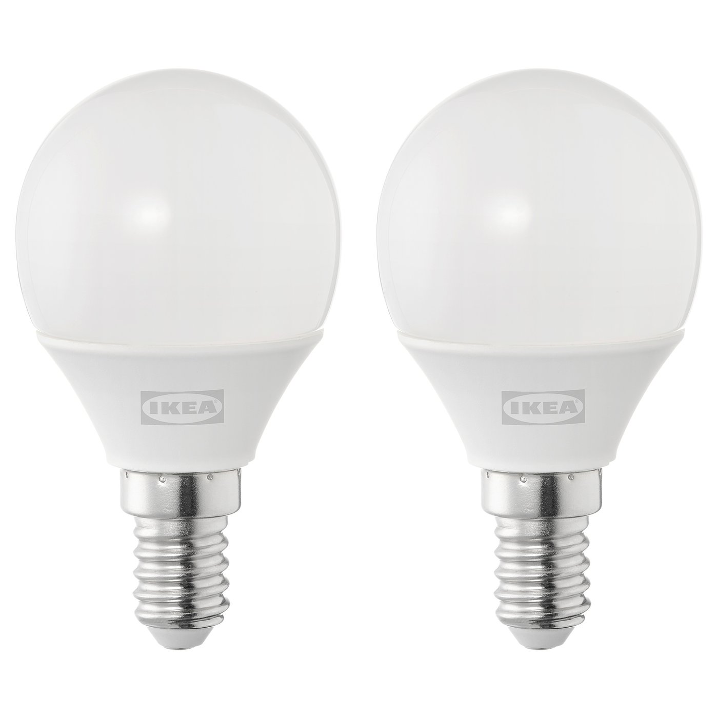 Two white, spherical ikea led light bulbs with silver bases are displayed against a white background.