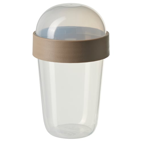 A SPLITTERNY snack container, brown, made of polypropylene plastic, cylindrical with a clear body and a dome lid.