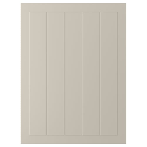 Is of a STENSUND beige cabinet door with vertical grooves. It a smooth, lacquered surface and a rectangular shape.
