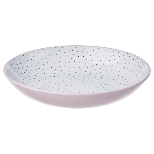 A stentikka serving bowl in light pink with black dots. Its round and made of stoneware.