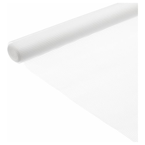 Image shows a white rolled-up STOPP rug underlay made of polyethylene plastic and synthetic rubber, featuring a textured, non-slip design.
