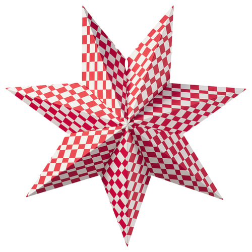 Red and white chequered star-shaped lamp, made of paperboard, with metal parts, crafts a festive look.