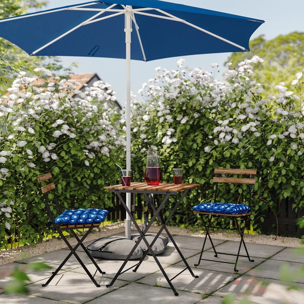 TÄRNÖ Table+2 chairs, outdoor, foldable black/light brown stained/foldable Klösan dark blue, 55x54 cm