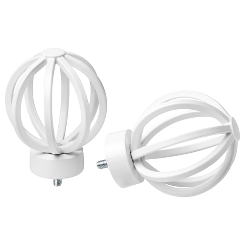 White metal spherical curtain finials with spiral design.