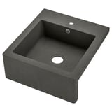 The TALLSJÖN sink is a dark grey quartz composite, single-basin farmhouse style with apron front, designed for easy cleaning of large items.