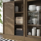 TONSTAD Storage combination w sliding doors, brown stained oak veneer/clear glass, 202x37x120 cm