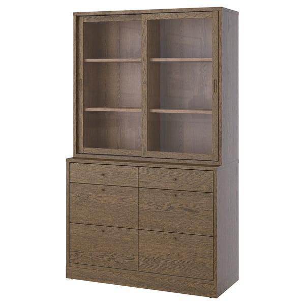 TONSTAD Storage combination with drawers, brown stained oak veneer/glass, 121x47x201 cm