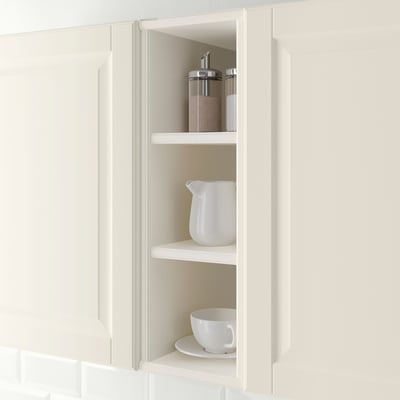 Open kitchen cabinet displaying items. Stores and kitchenware.